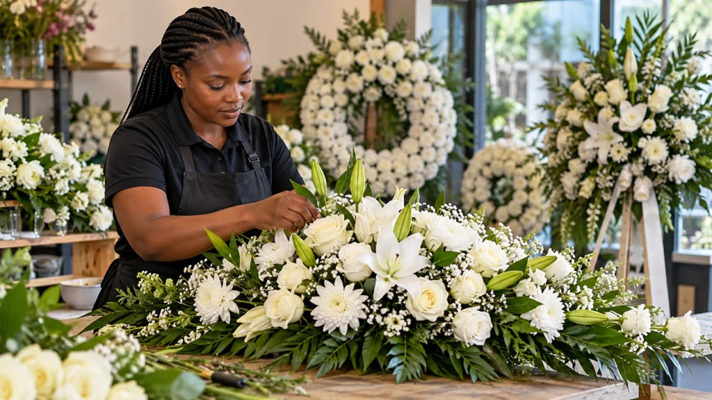 Kenyan florist preparing funeral flower arrangements in Nairobi
